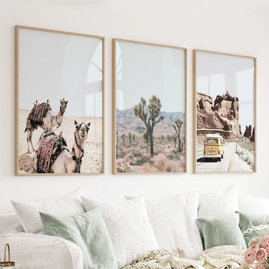Set of 3 southwestern desert prints with a Joshua tree, camel, and van