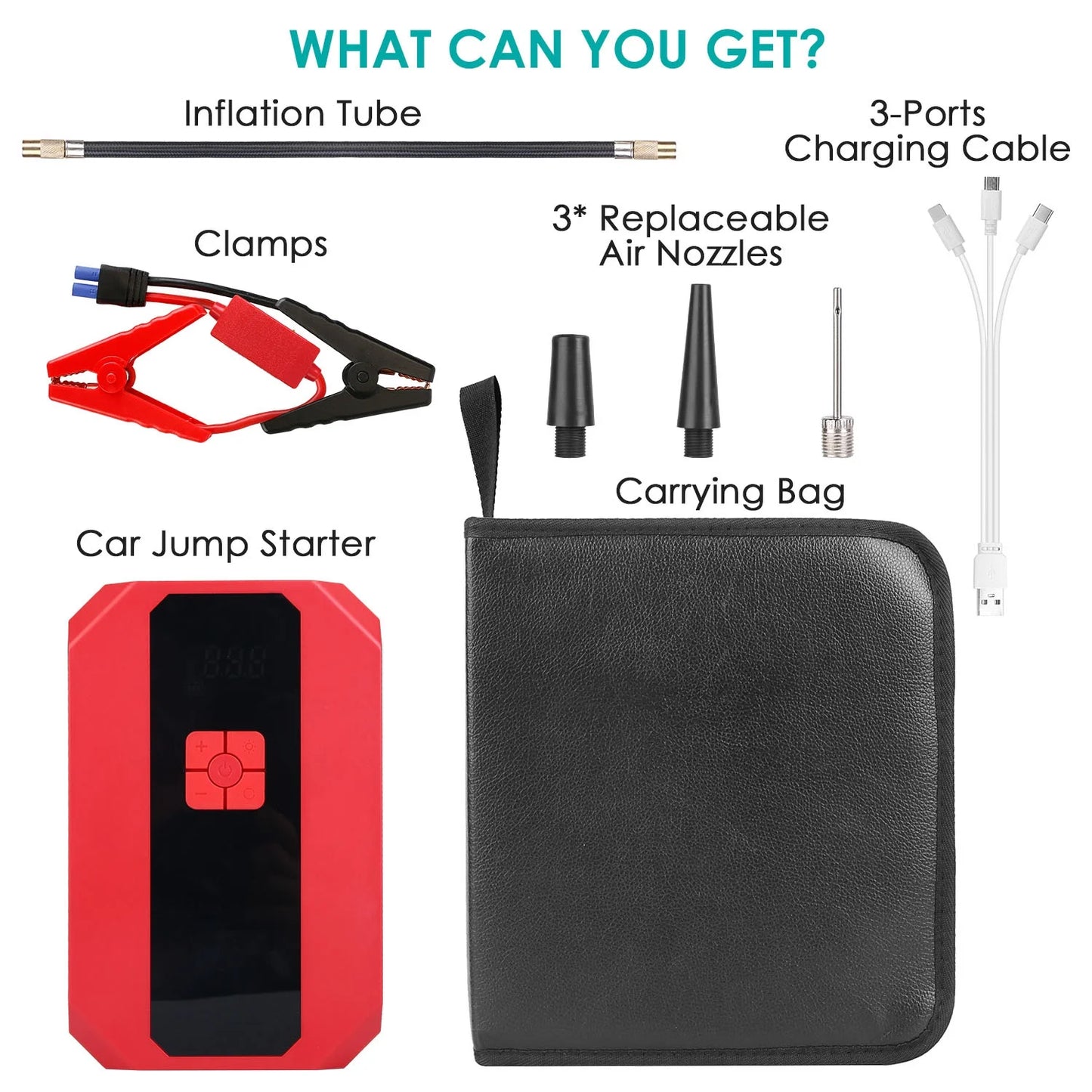 Jump starter carrying case contents including clamps cables nozzles organized compartments