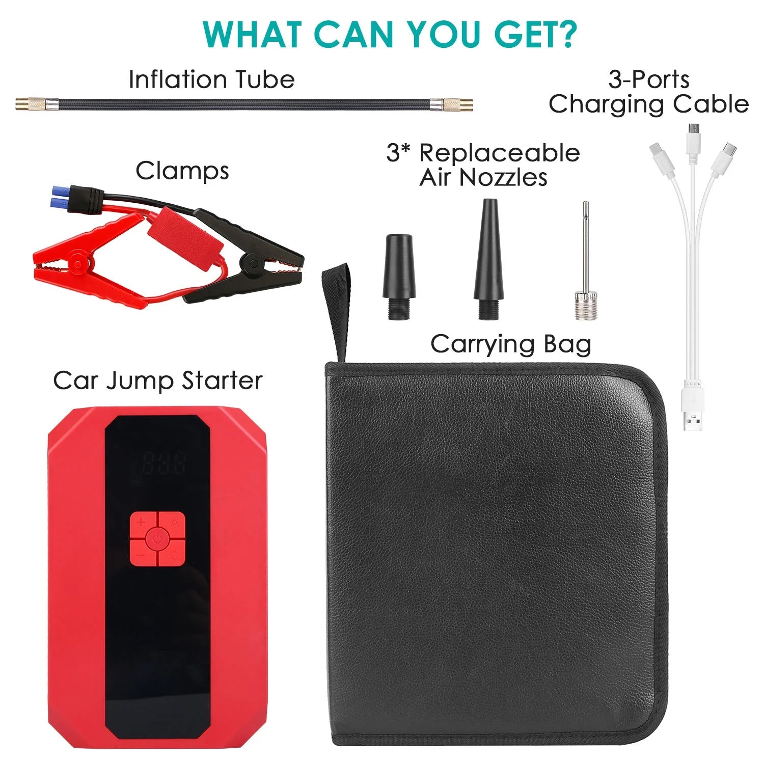 Jump starter carrying case contents including clamps cables nozzles organized compartments