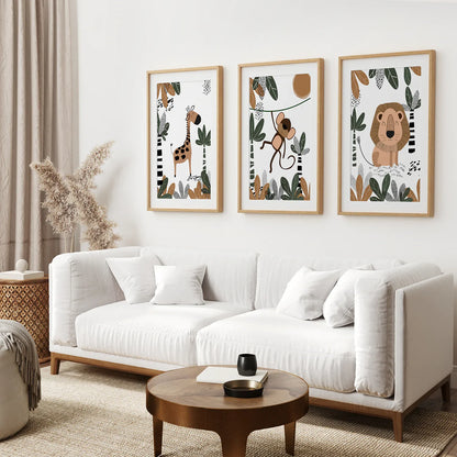 Safari Animals Nursery Wall Art Set of 3 - Giraffe, Monkey, Lion