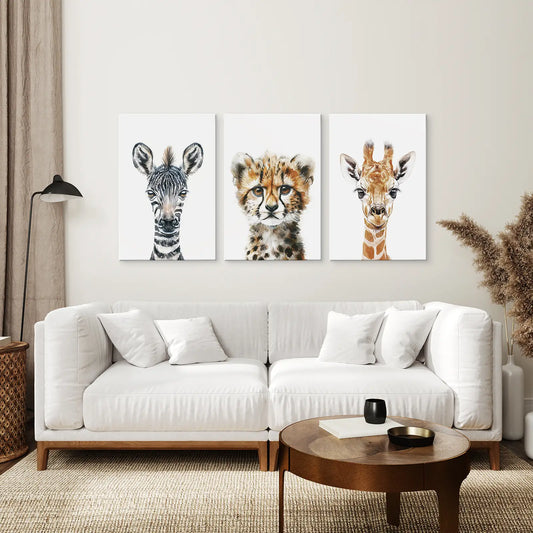 Neutral Safari Nursery Wall Art Set of 3 - Zebra, Cheetah, Giraffe