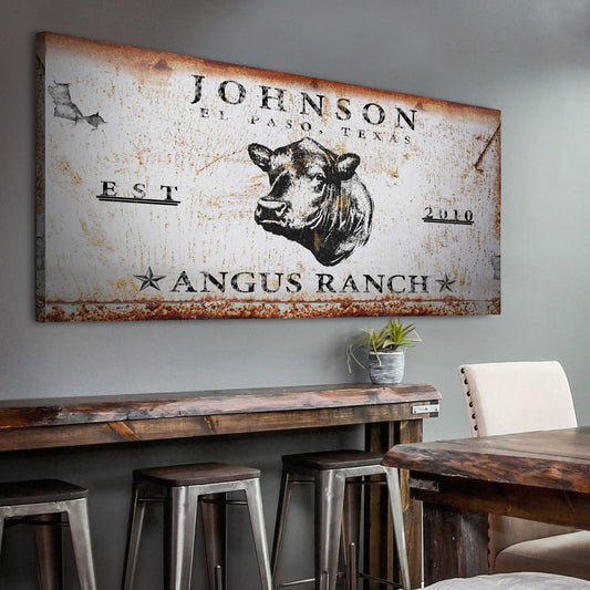 Angus Ranch canvas sign with cattle motif