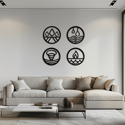 Four elements steel wall art for home and office, fire air water earth