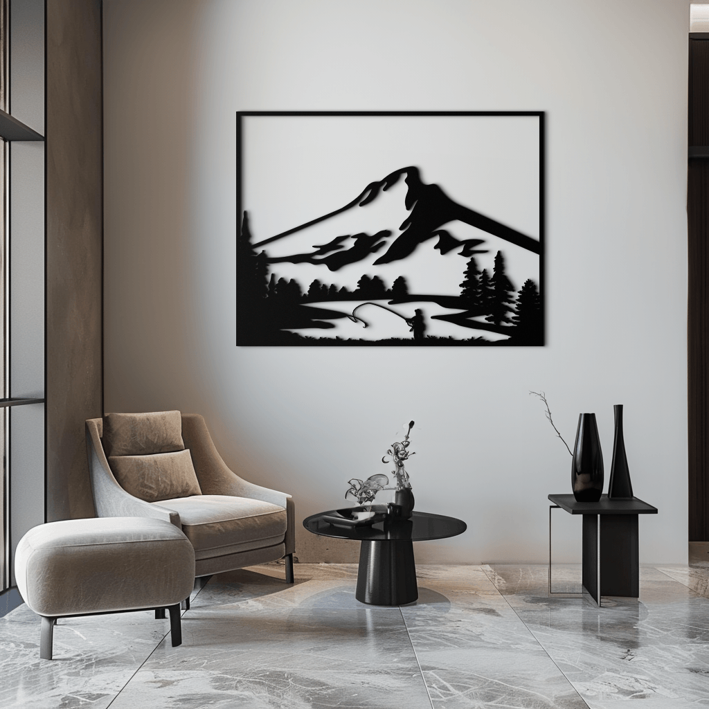 Mountain fishing metal wall art with fisherman silhouette against peaks