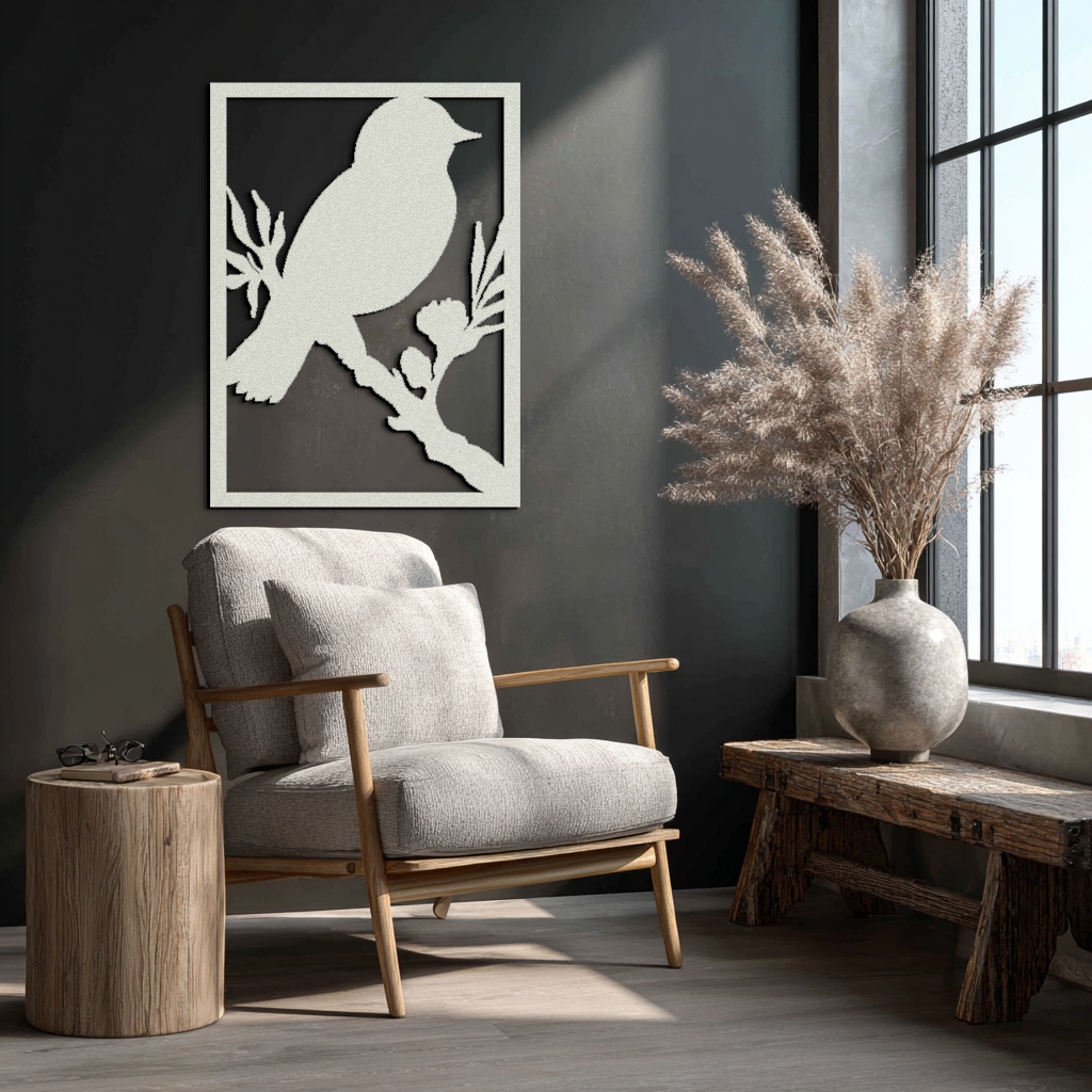 Bird on Branch Metal Wall Art - Modern Steel Decor