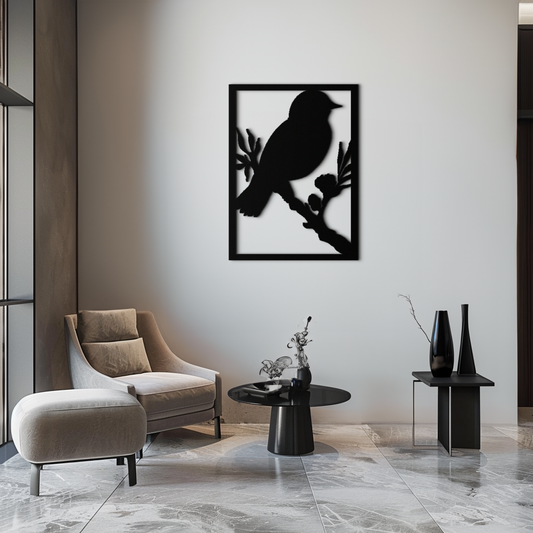 Bird on branch modern metal wall art in powder-coated steel