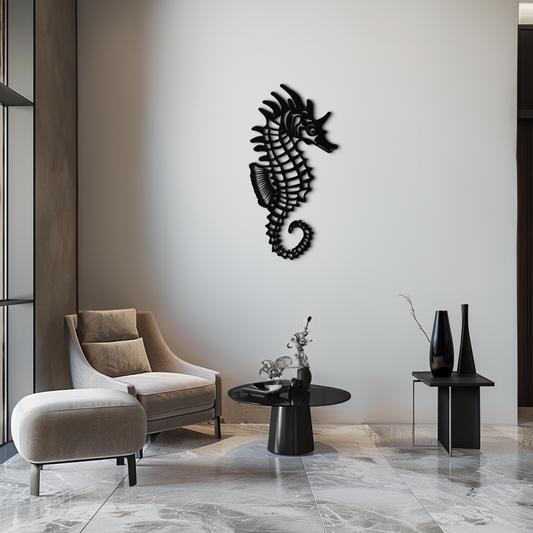 Seahorse coastal ocean metal wall art in powder-coated steel