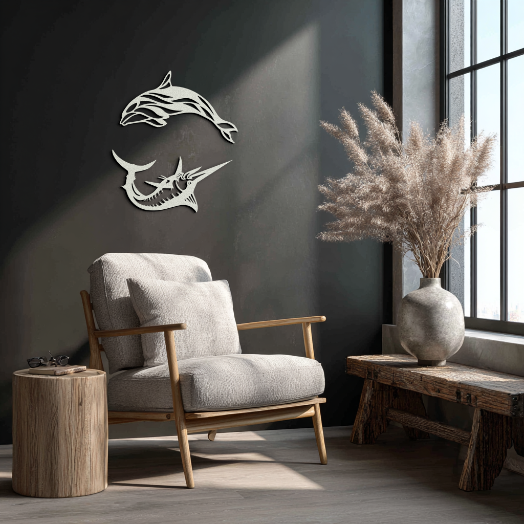 Dolphin and Marlin Metal Wall Art - Coastal Ocean Decor