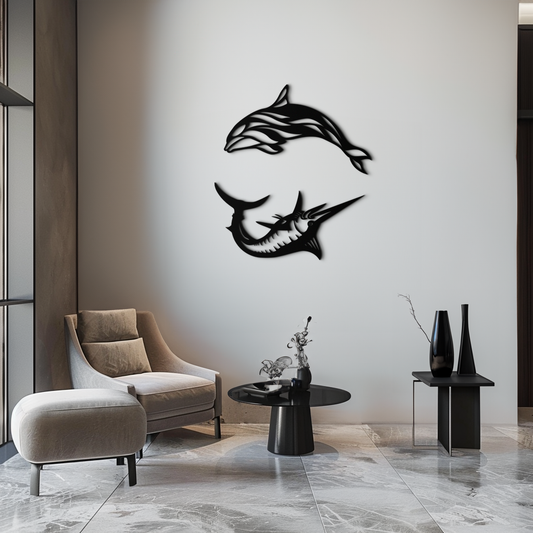 Dolphin and marlin coastal ocean metal wall art in powder-coated steel