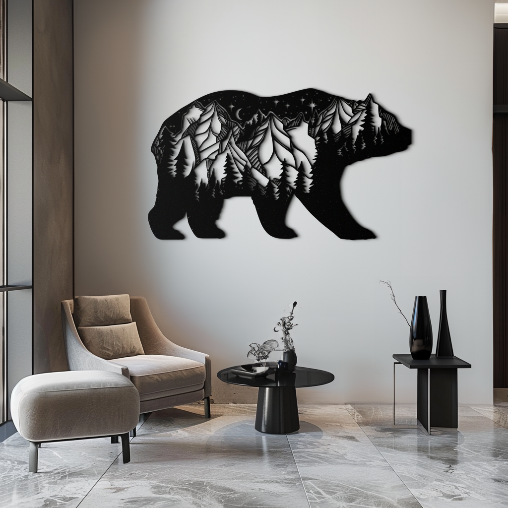 Mountain bear metal wall art with bear silhouette, pines, and moonlit peaks
