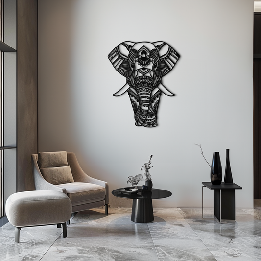 Mandala elephant head boho metal wall art in powder-coated steel