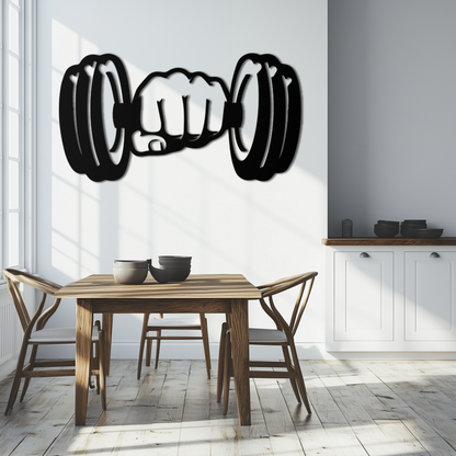 Clenched fist gripping a dumbbell, gym metal wall art in cut steel