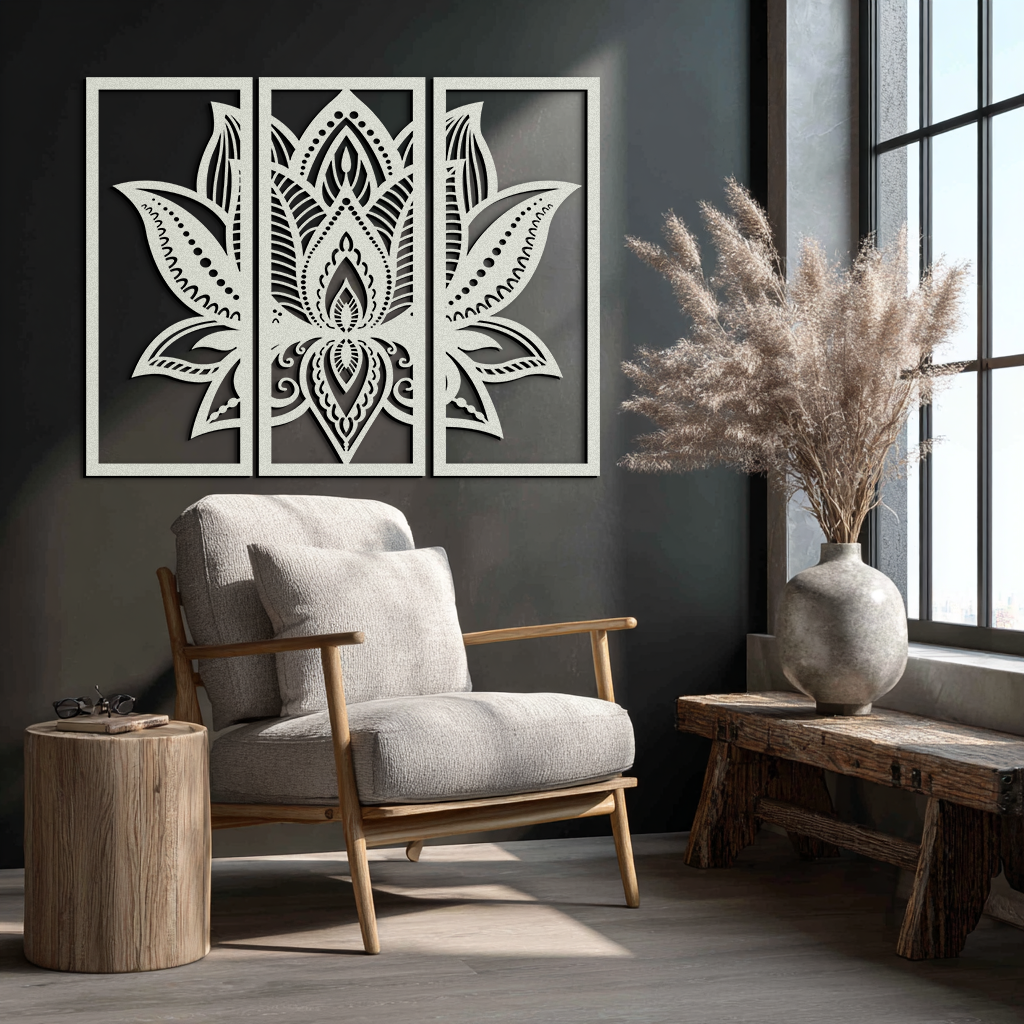 Mandala Lotus 3-Panel Metal Wall Art