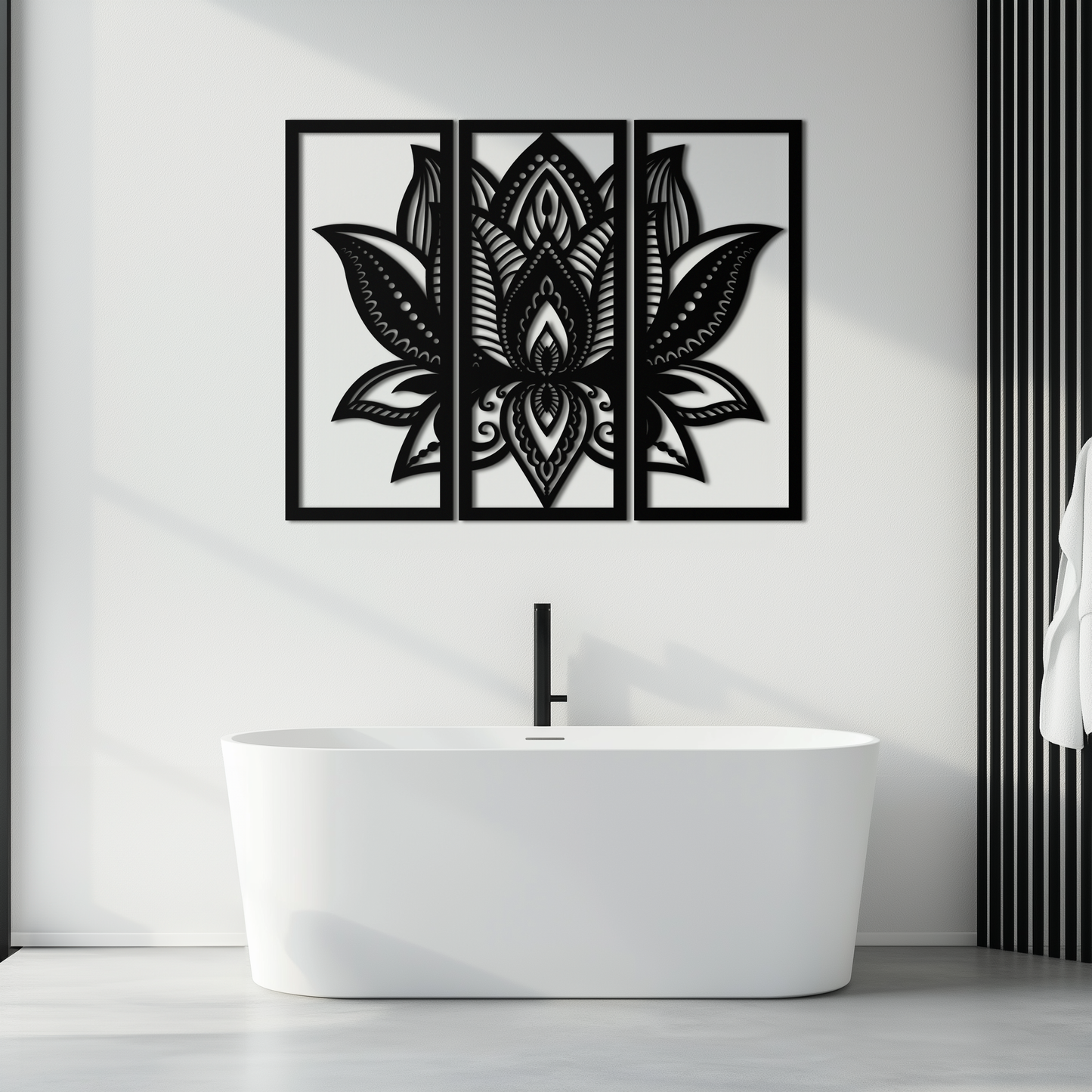 Mandala lotus three-panel metal wall art in cut steel