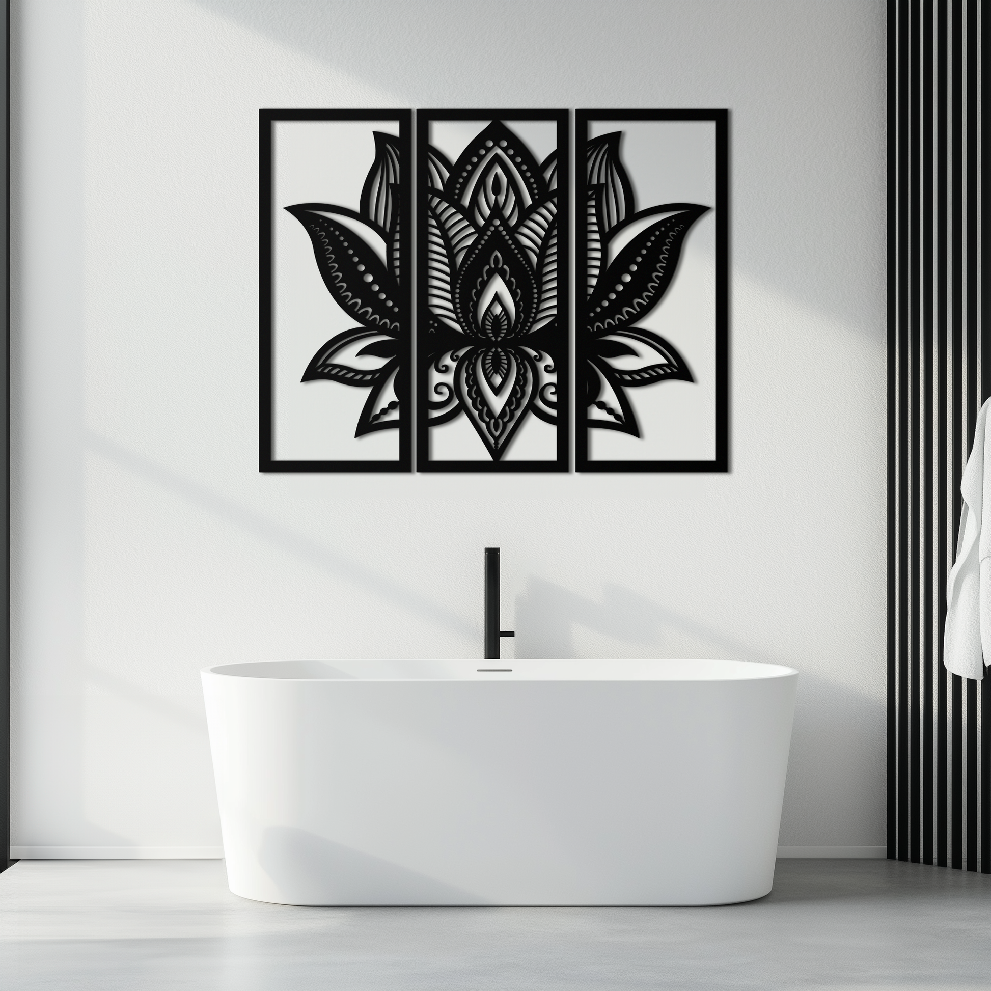 Mandala lotus three-panel metal wall art in cut steel