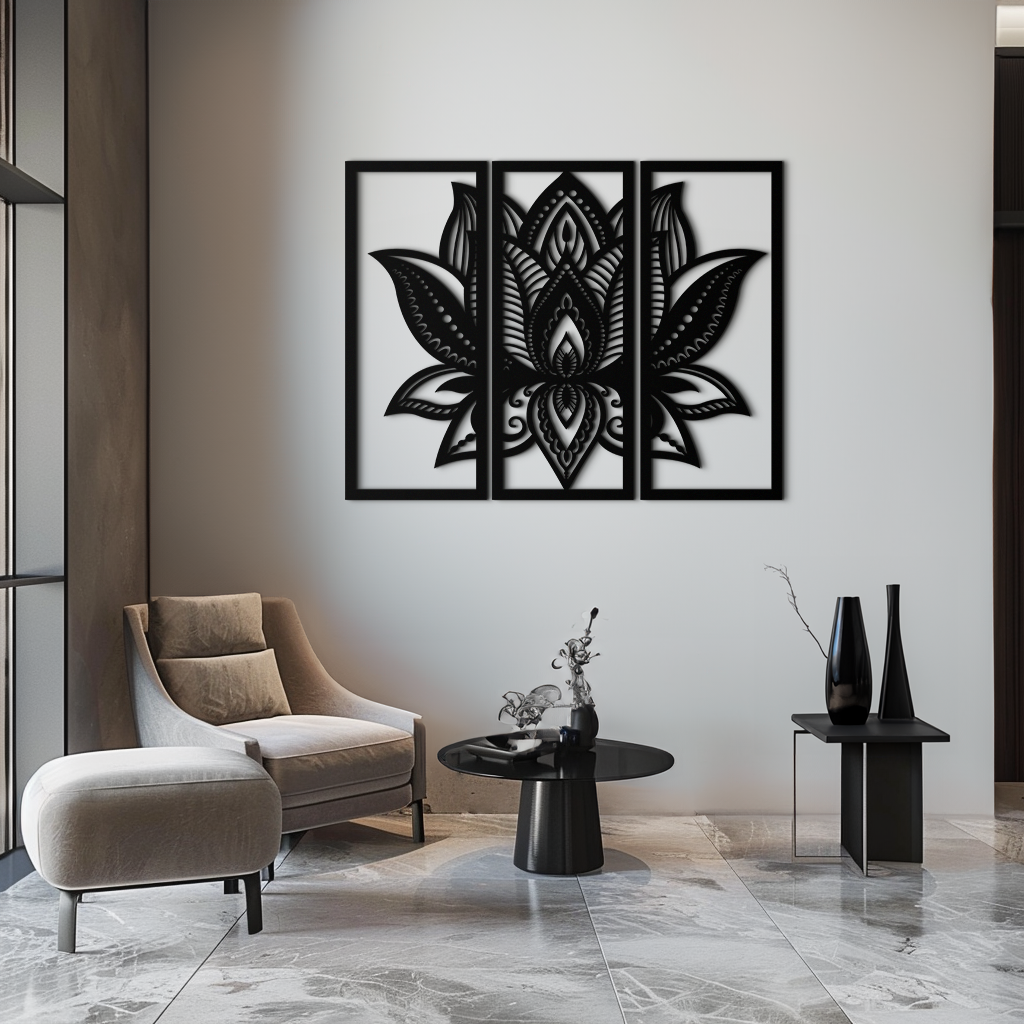 Mandala Lotus 3-Panel Metal Wall Art