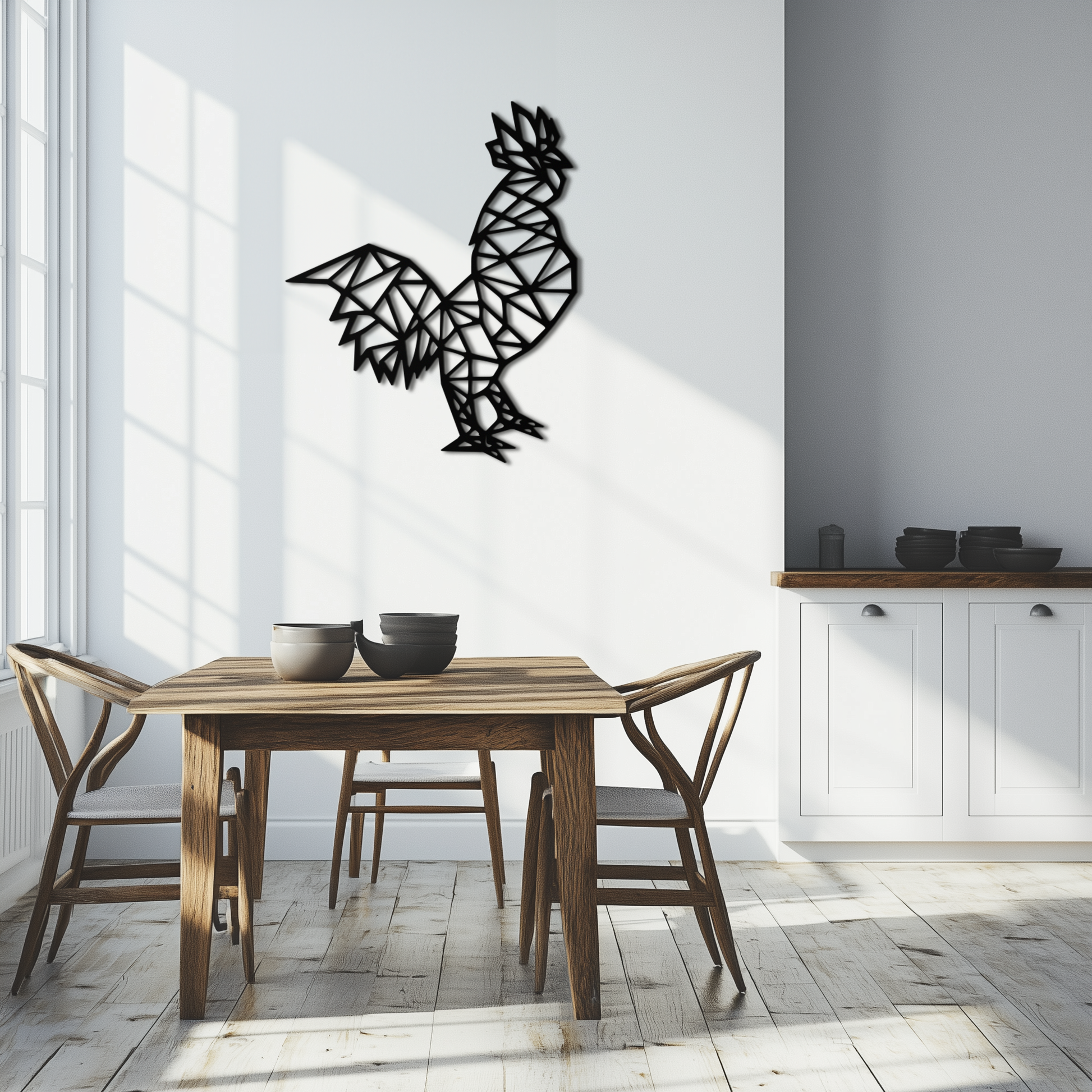 Geometric rooster farmhouse metal wall art in powder-coated steel