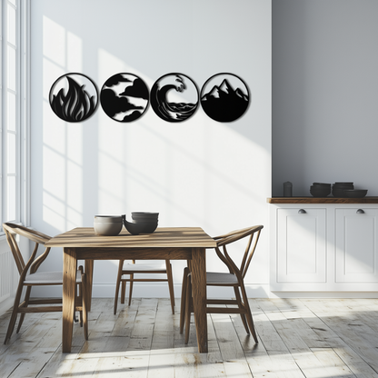 Four elements metal wall art set, fire air water and earth symbols