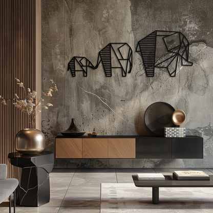 Geometric Elephant Family Metal Wall Art - Modern Decor