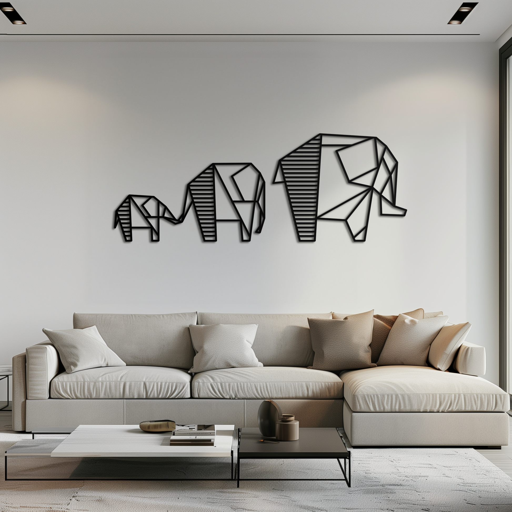 Geometric elephant family modern metal wall art in powder-coated steel