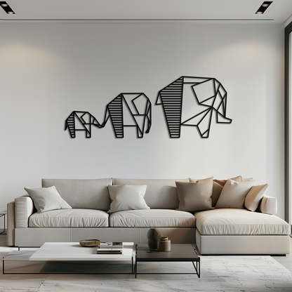 Geometric elephant family modern metal wall art in powder-coated steel