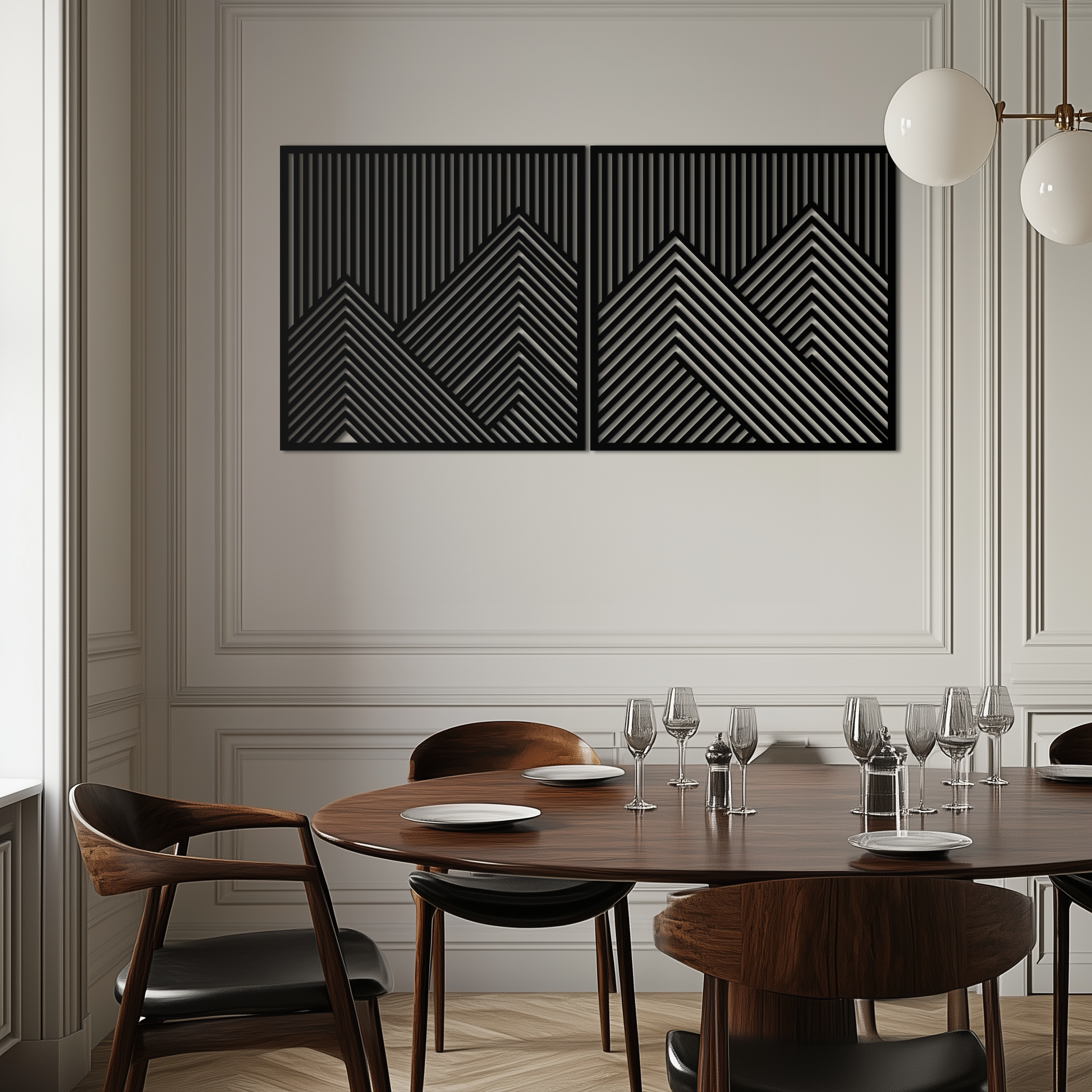 Geometric mountain landscape metal wall art in two-panel minimalist linework