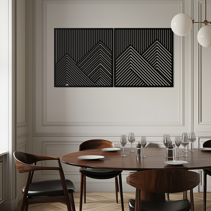 Geometric mountain landscape metal wall art in two-panel minimalist linework
