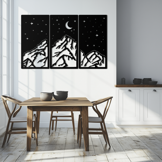 Mountain nightscape three-panel metal wall art with crescent moon and stars