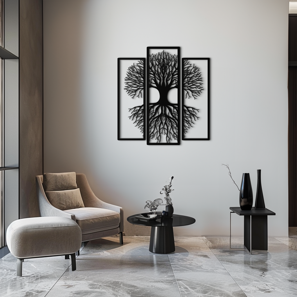 Tree of Life three-panel metal wall art in cut steel