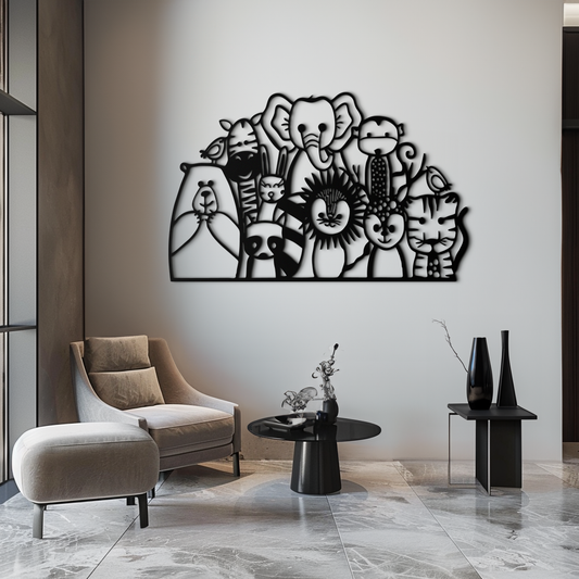 Cute jungle and safari animals metal wall art in powder-coated steel