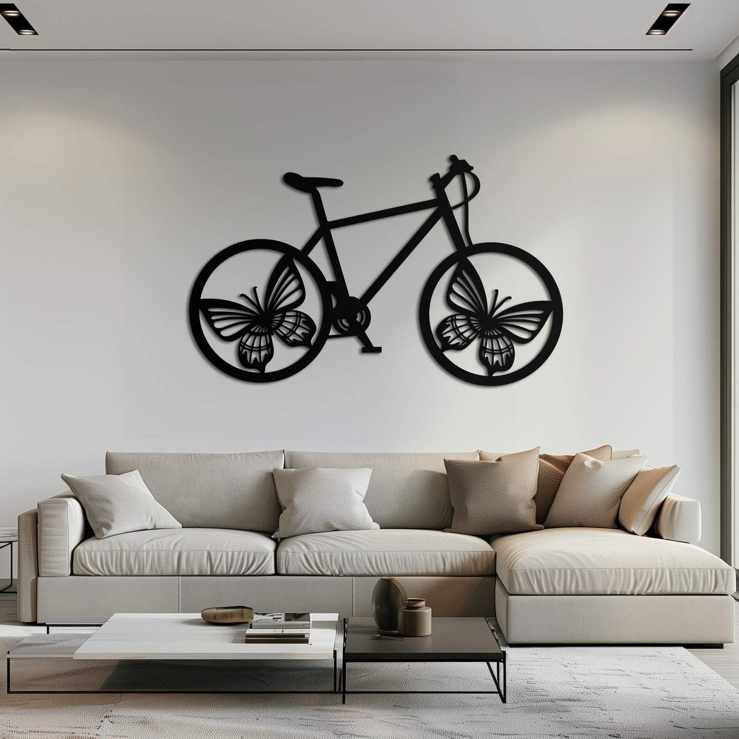 Butterfly wheel bicycle metal wall art in matte black, butterflies as the front wheel