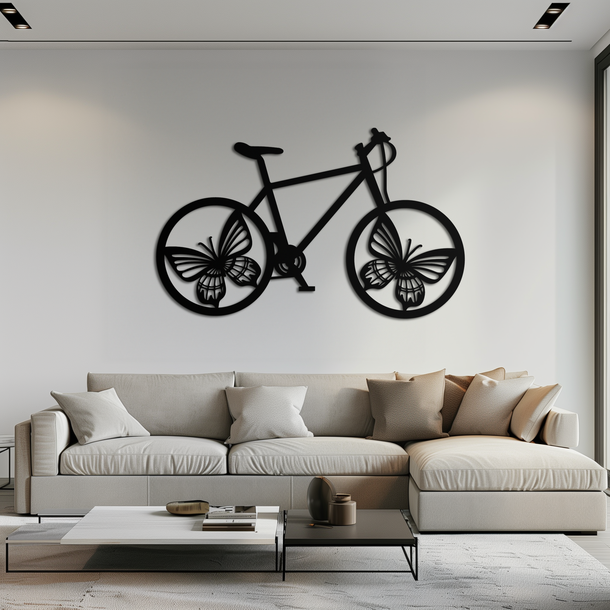 Butterfly wheel bicycle metal wall art in matte black, butterflies as the front wheel