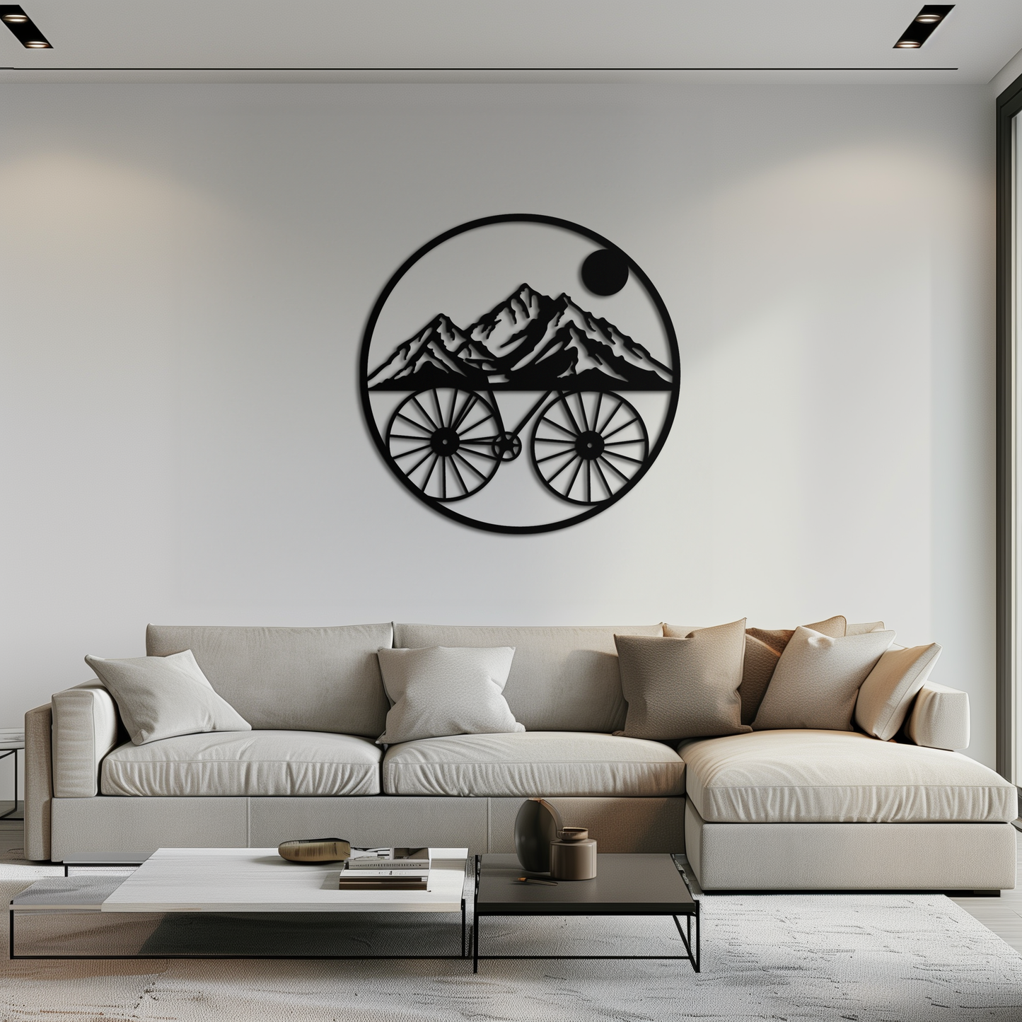 Mountain bike and nature scene metal wall art in matte black