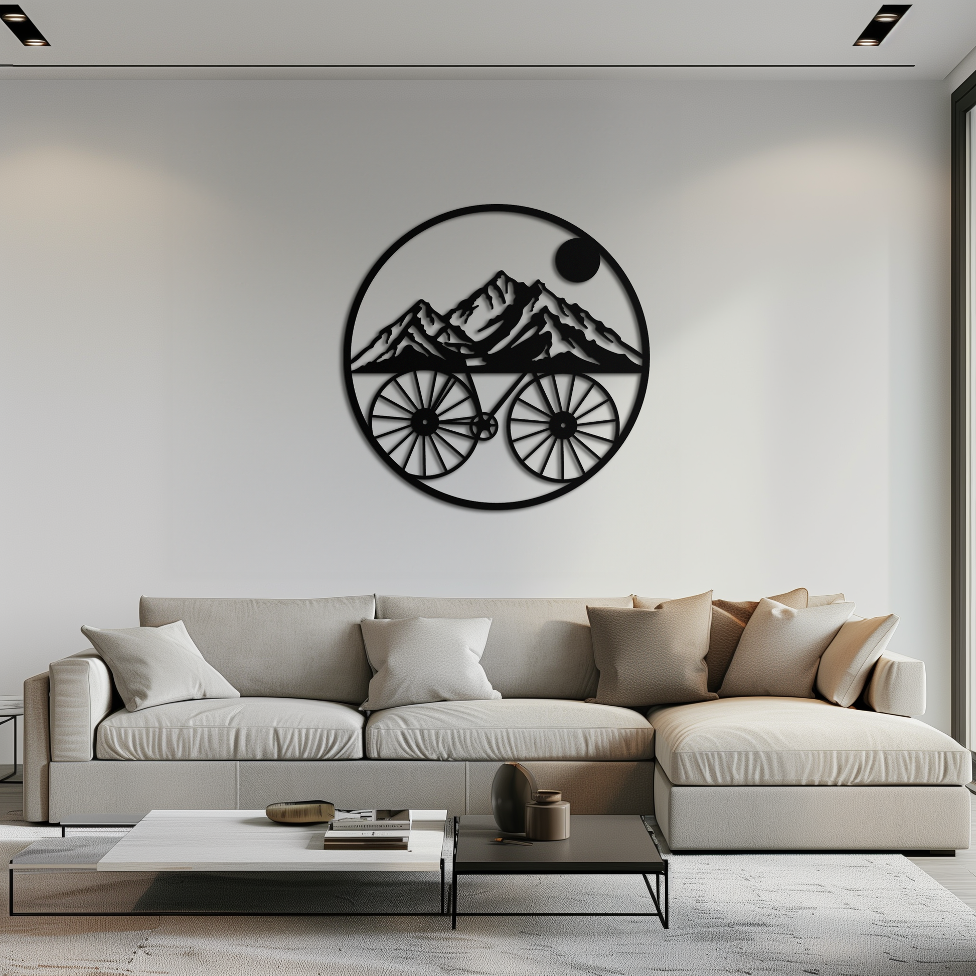 Mountain bike and nature scene metal wall art in matte black
