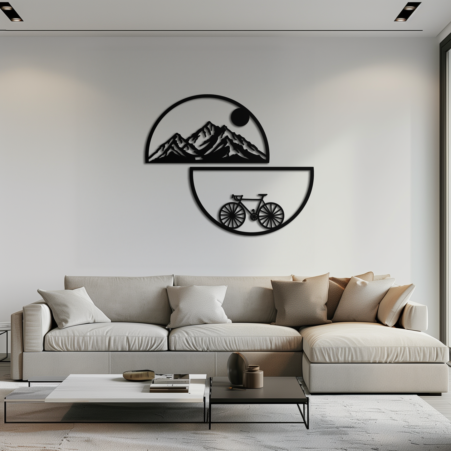 Mountain view and bicycle metal wall art in matte black, half-circle landscape