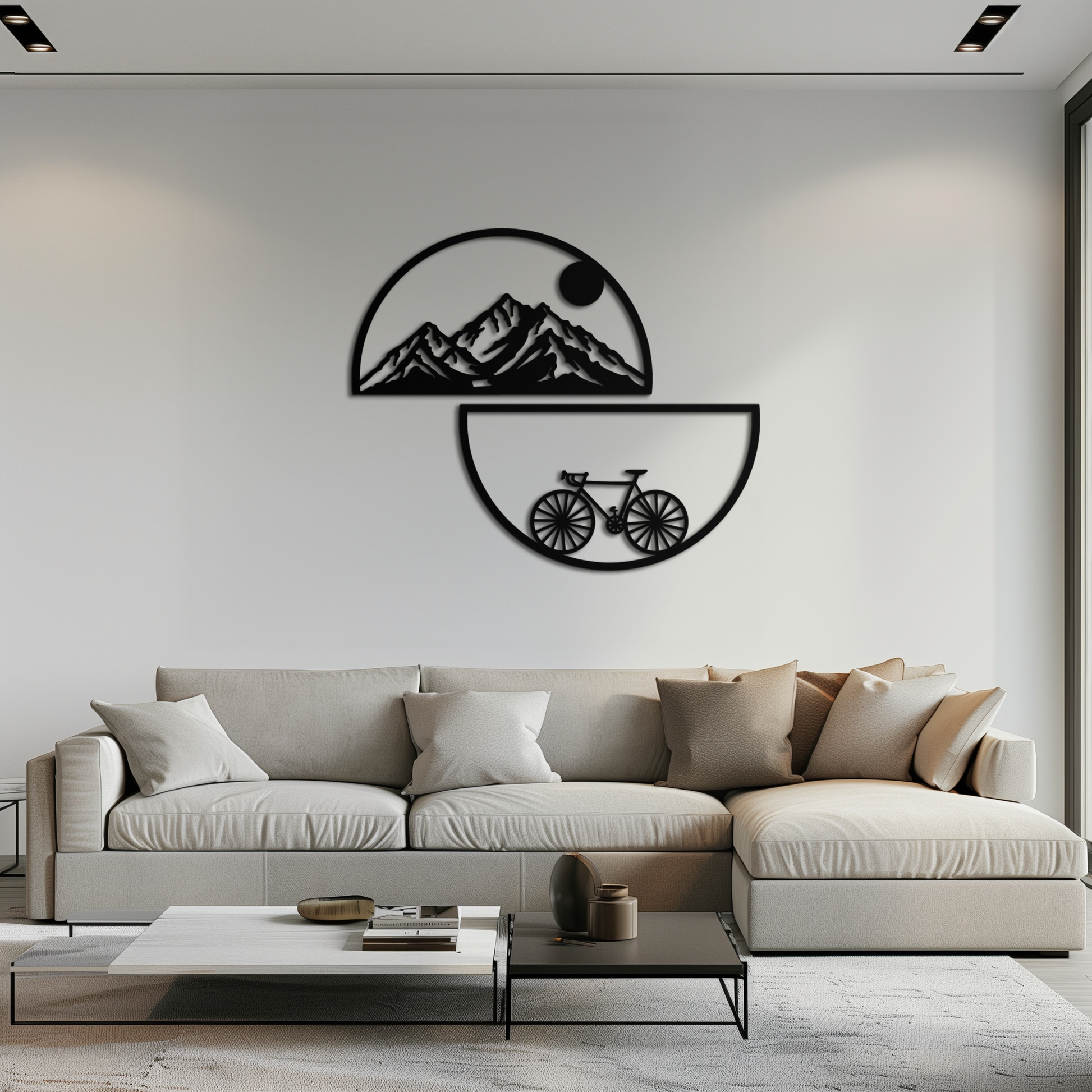 Mountain view and bicycle metal wall art in matte black, half-circle landscape