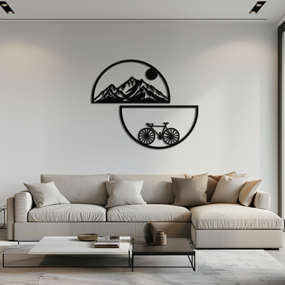 Mountain view and bicycle metal wall art in matte black, half-circle landscape