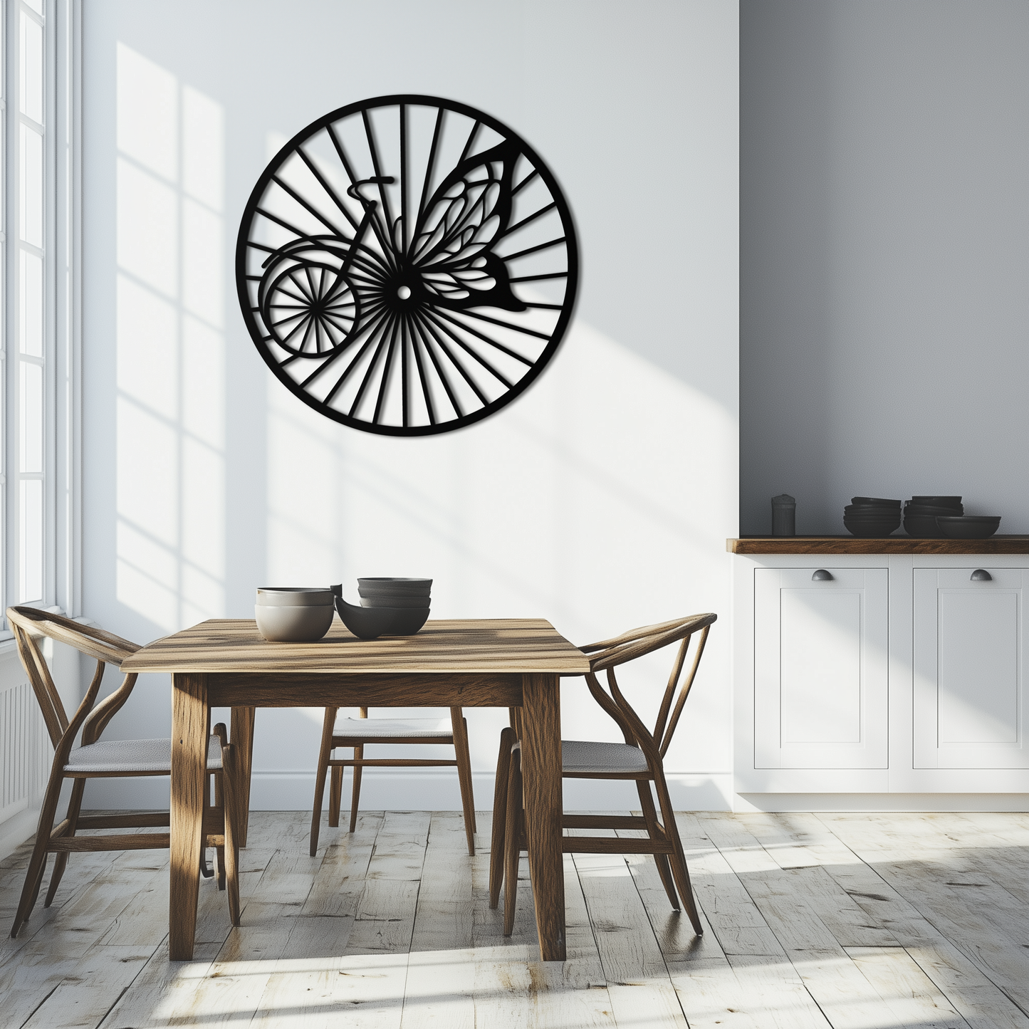 Butterfly Wheel Bicycle Silhouette Metal Wall Art - Elegant Round Nature-Inspired Decor- KAF323