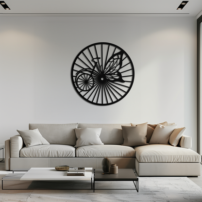 Round butterfly wheel bicycle metal wall art in matte black, circular nature design