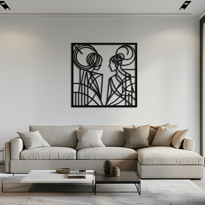 Abstract women line art metal wall art in matte black, two figures in one line