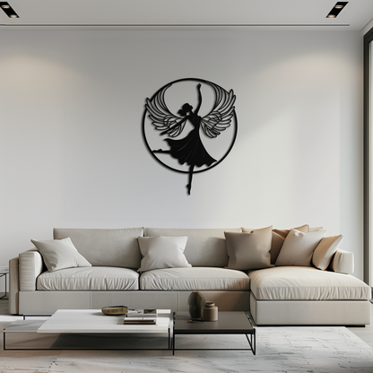 Angel dancer winged woman silhouette metal wall art in matte black steel