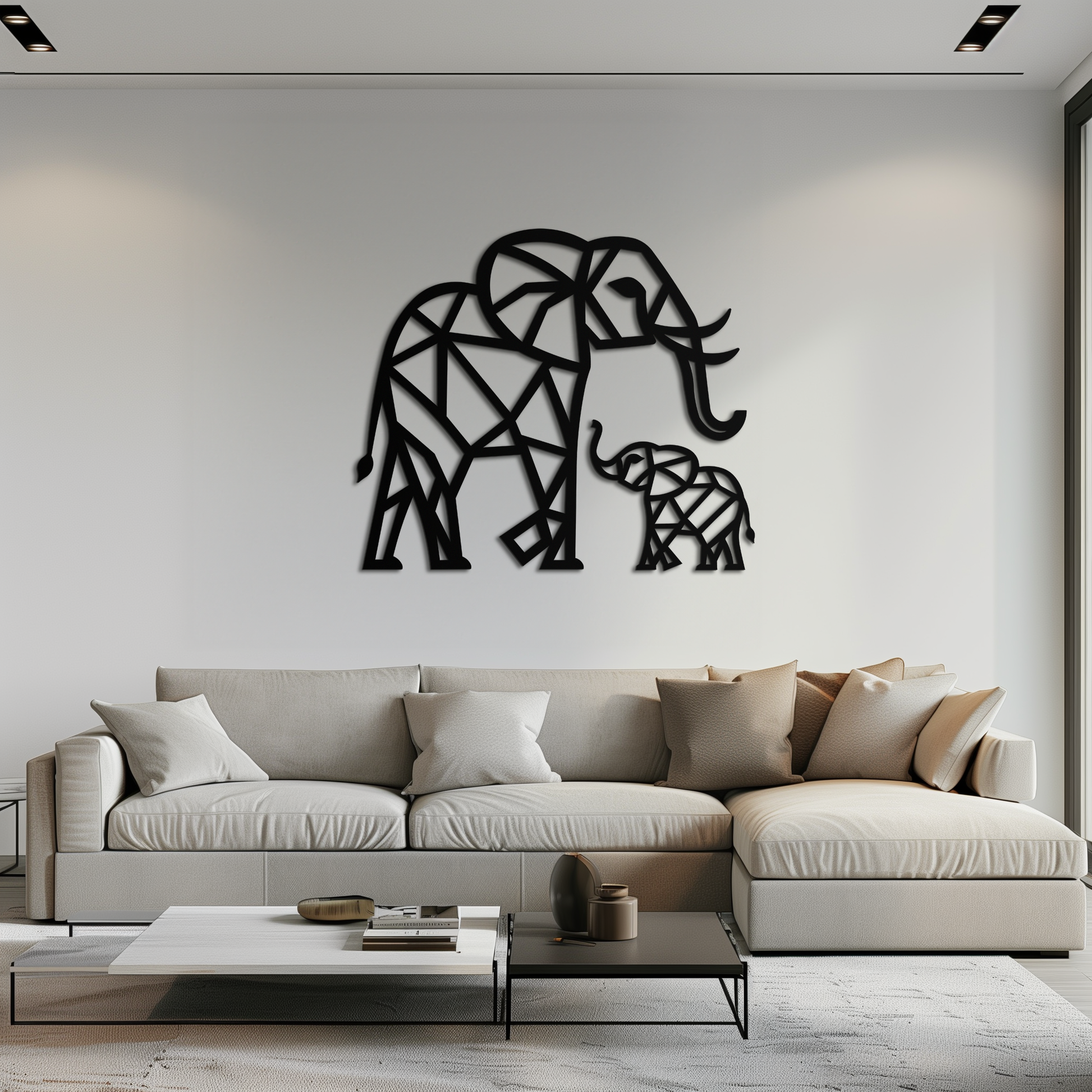 Elephant family mom and calves silhouette metal wall art in powder-coated steel