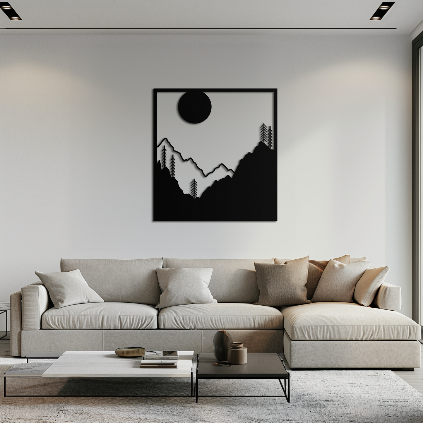 Moonlit mountain forest square metal wall art with pines and full moon