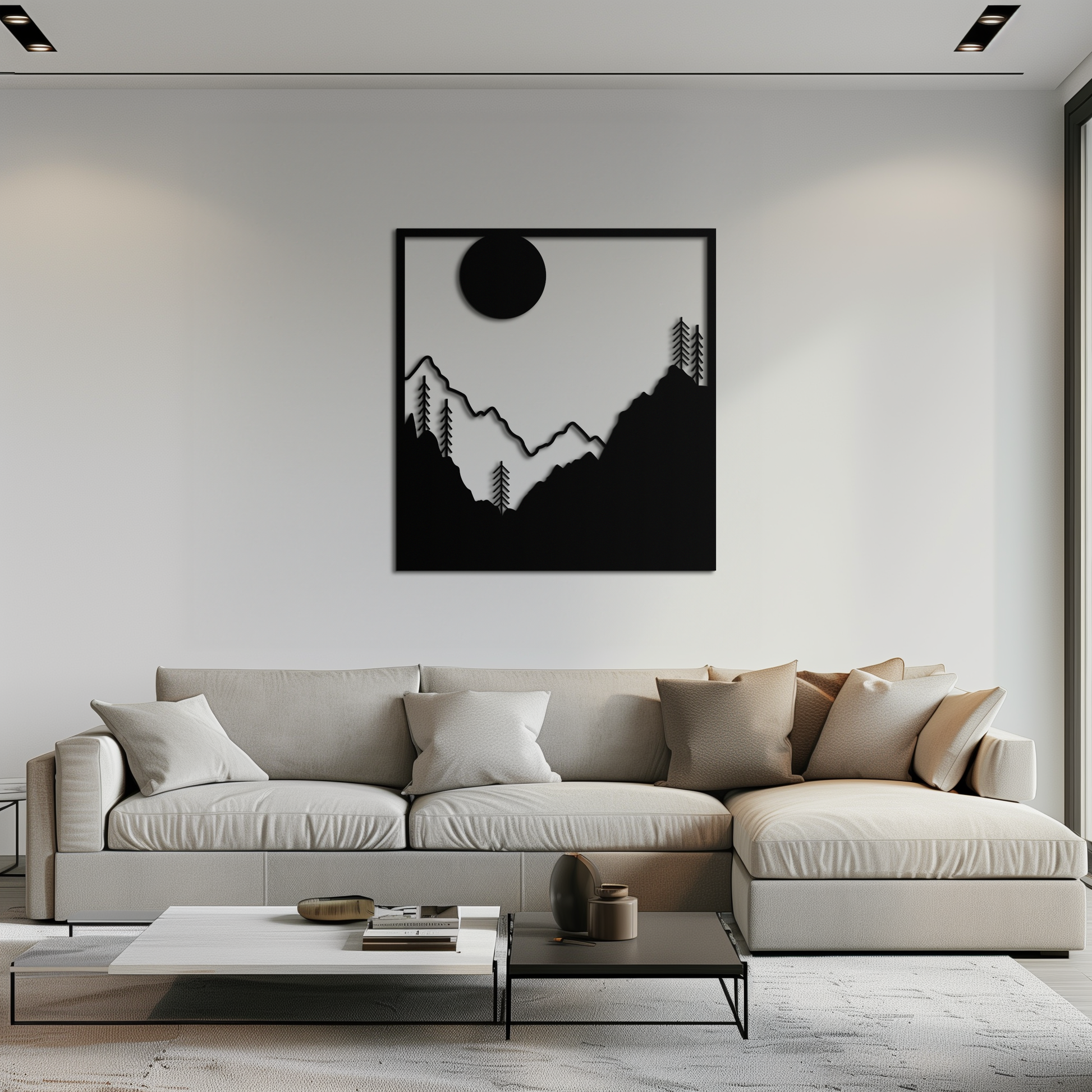 Moonlit mountain forest square metal wall art with pines and full moon