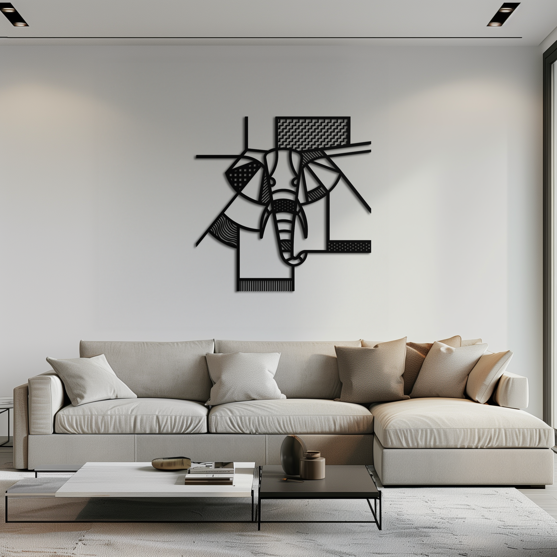Geometric abstract elephant metal wall art in powder-coated steel