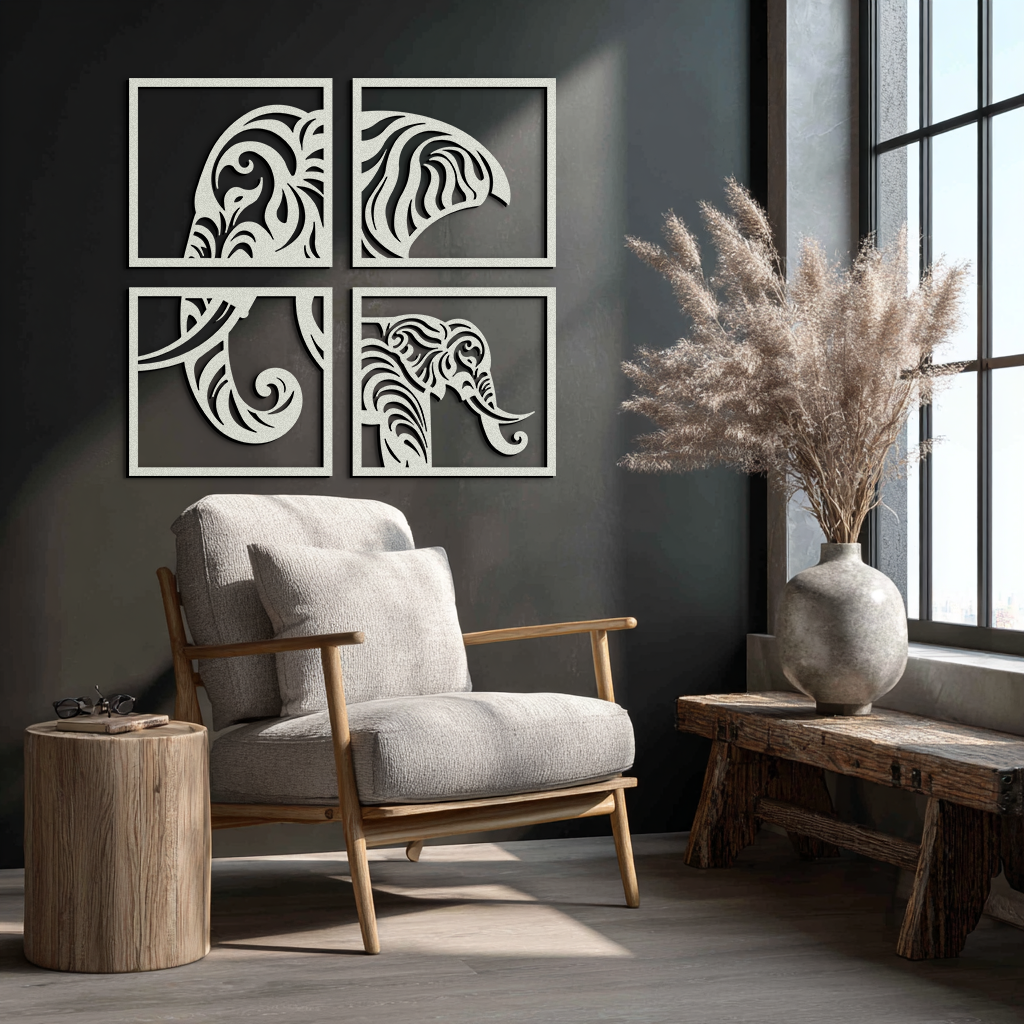 Elephant 4-Piece Metal Wall Art Set - Modern Tribal Decor