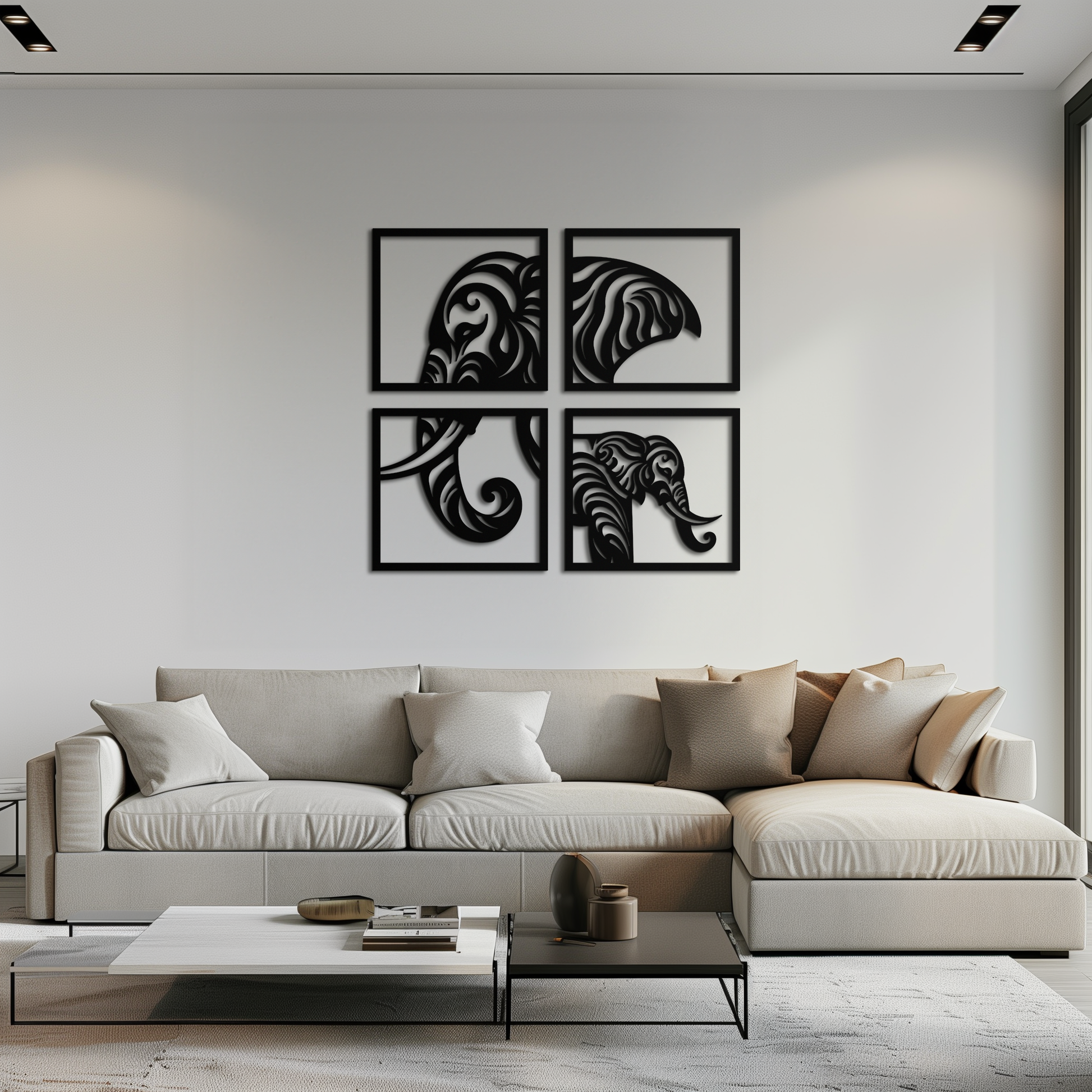 Elephant 4-piece tribal metal wall art set in powder-coated steel