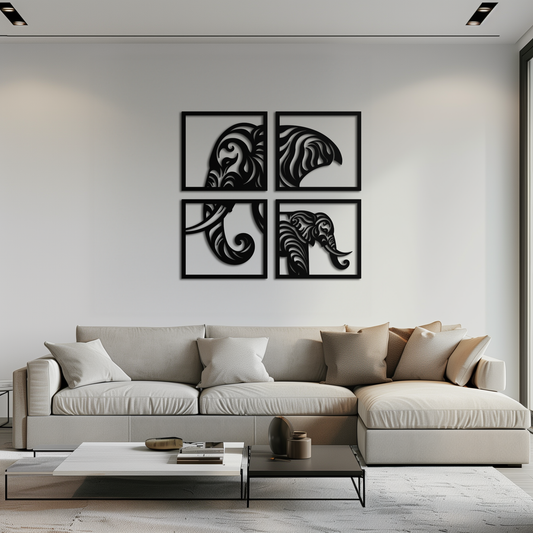 Elephant 4-piece tribal metal wall art set in powder-coated steel