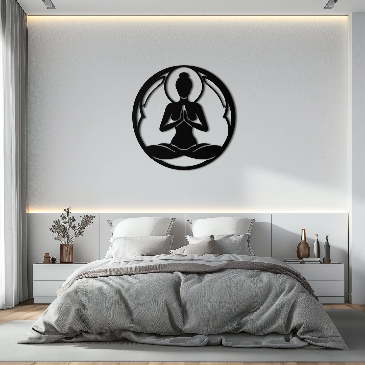 Yoga pose silhouette metal wall art in matte black, meditative figure