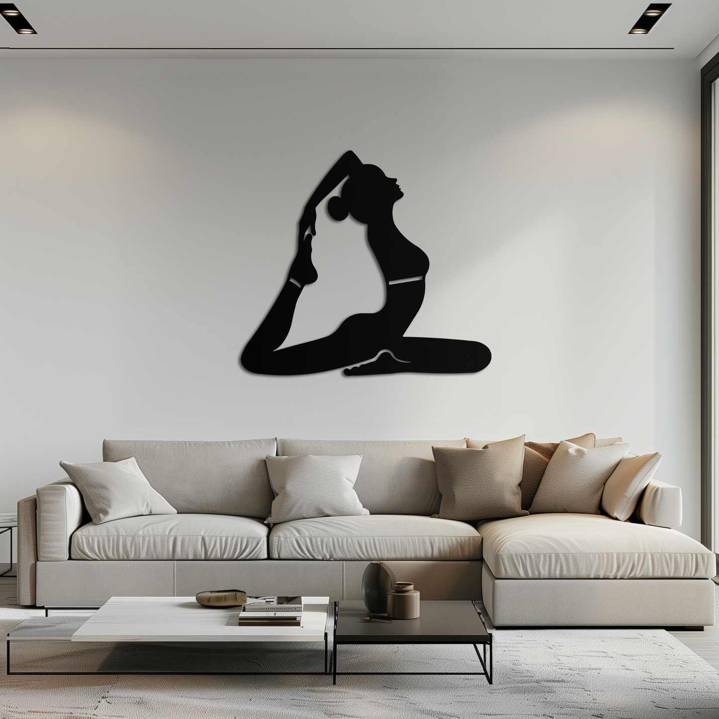 Kapotasana yoga pose metal wall art in matte black, minimalist silhouette